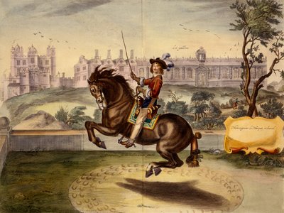 Cavendish يؤدي فولت ، مع قلعة Bolsover وكتلة Manege في الخلفية ، من The Method and New Invention of Dressing Horses بواسطة William Cavendish ، نشر 1737 (2nd edn) (aquatint) بواسطة أبراهام فان ديبينبيك